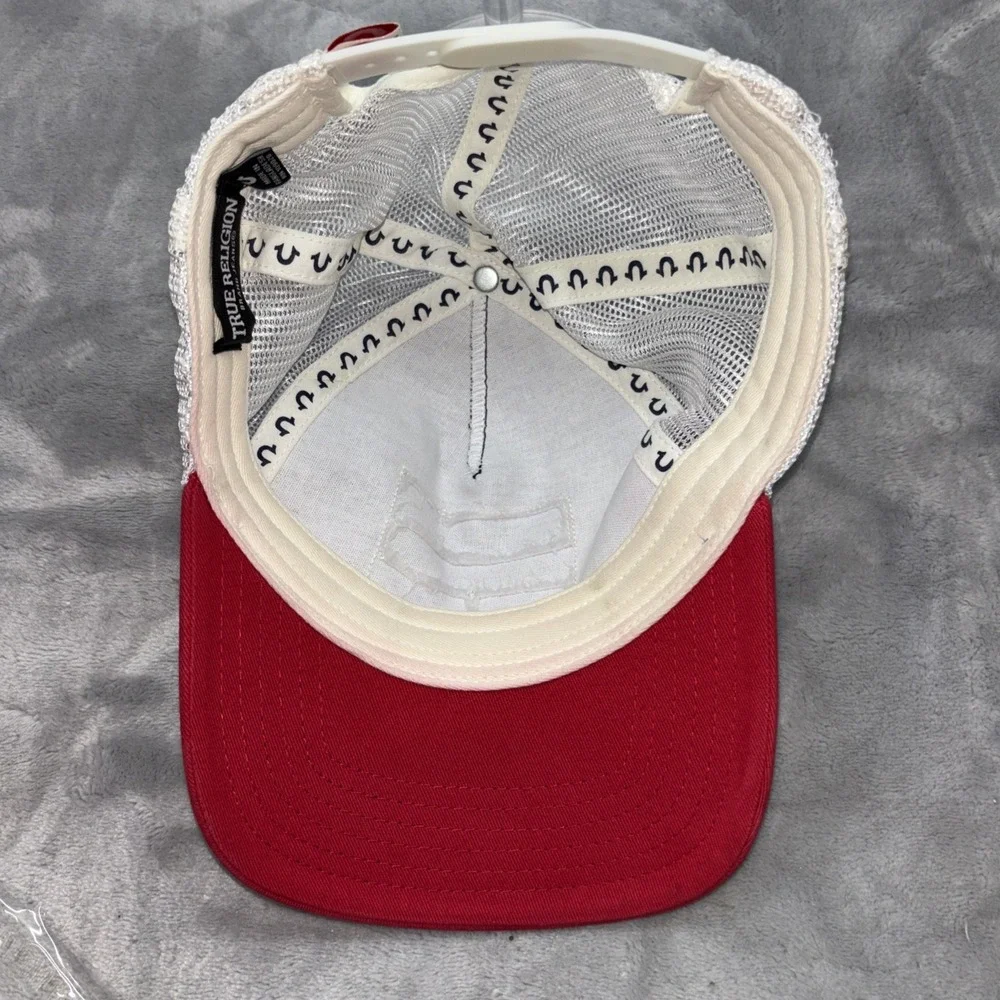 Vintage True Religion Snapback Trucker Hat Cap Blue Red Mesh Frayed Y2K 2000s